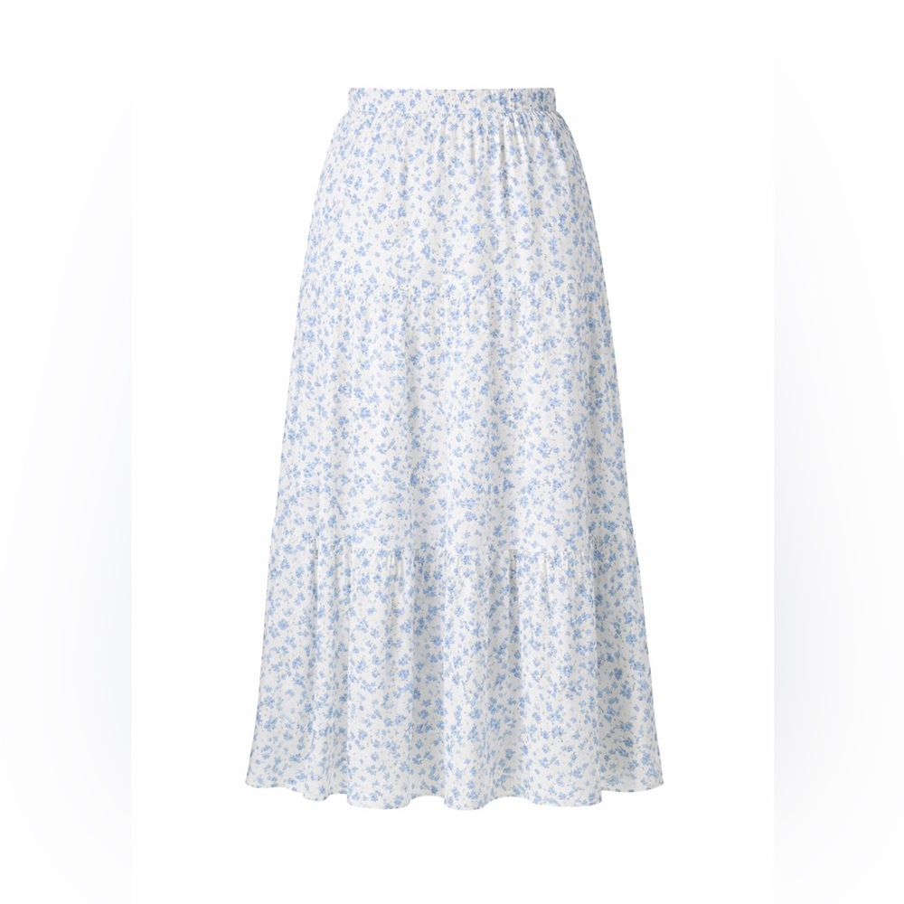 Japna Floral Blue Tiered Maxi Skirt with Elastic Waistband